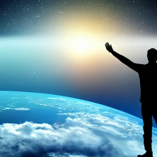 Image similar to 4K ultra HD detailed award-winning wallpaper of silhouette of man reaching his hand towards huge vast sky Earth universe