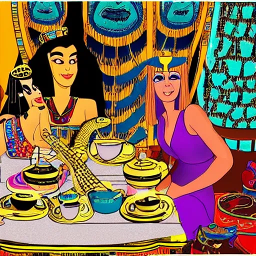 Prompt: Cleopatra and a Nile crocodile tea party, style of Hannah Barbera cartoons