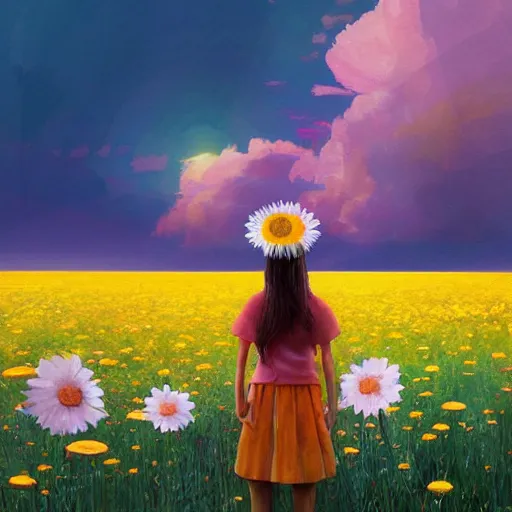 Image similar to head made of giant daisy, girl standing in a vast flower field, holding flowers, surreal photography, sunrise dramatic light, impressionist painting, colorful clouds, large sky, digital painting, artstation, simon stalenhag, flower face