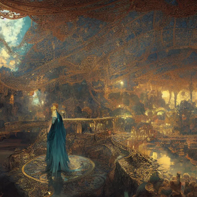 Prompt: a beautiful painting of the view from the river of the stately pleasure domes of kublai khan in xanadu, at night with a sky full of stars, intricate, elegant, highly detailed, digital painting, artstation, concept art, by krenz cushart and artem demura and alphonse mucha