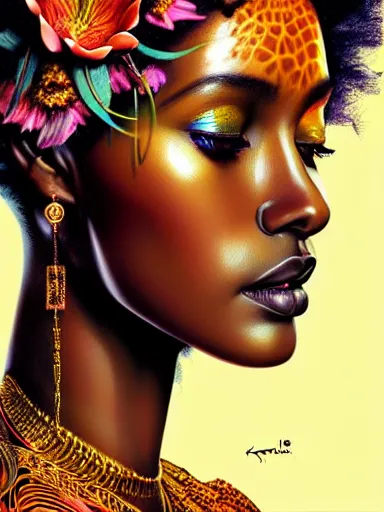 Image similar to a portrait of ethiopian supermodel with a floral background by karol bak, artgerm, moebius, yoji shinkawa : : portrait, illustration, photorealism, hyperrealism