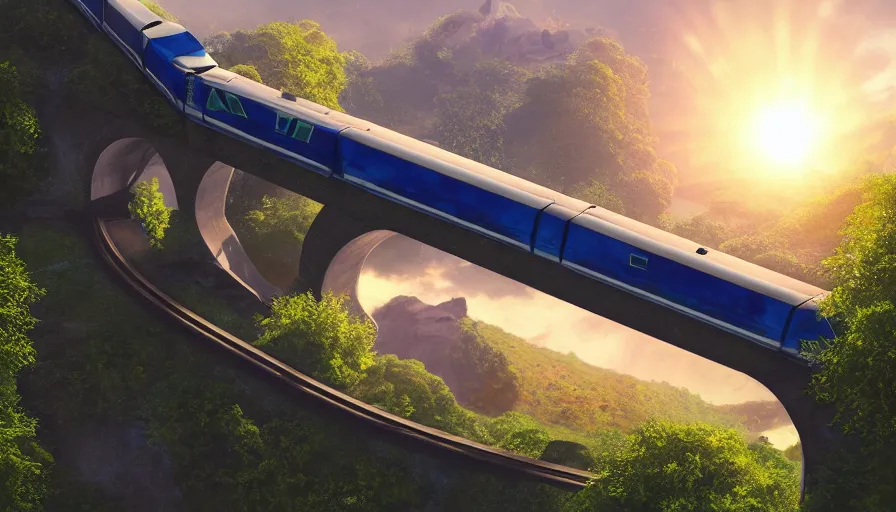 Prompt: futuristic train driving over futuristic aqueduct, green hills, matte painting, artstation, sunrise, blue sky, drone view