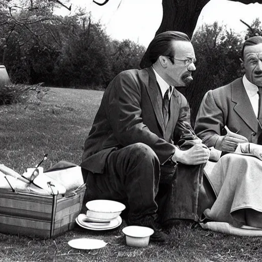 Prompt: walter white and saul goodman having a picnic date at the park, circa 1 9 4 6