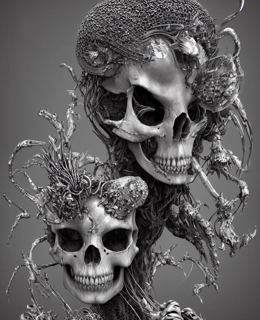 Image similar to close-up macro portrait of the face of a beautiful princess with animal skull mask and ribcage, skeleton epic angle and pose, symmetrical artwork, 3d with depth of field, blurred background, cybernetic jellyfish female face skull phoenix bird, translucent, nautilus, energy flows of water and fire. a highly detailed epic cinematic concept art CG render. made in Maya, Blender and Photoshop, octane render, excellent composition, cinematic dystopian brutalist atmosphere, dynamic dramatic cinematic lighting, aesthetic, very inspirational, arthouse. y Greg Rutkowski, Ilya Kuvshinov, WLOP, Stanley Artgerm Lau, Ruan Jia and Fenghua Zhong