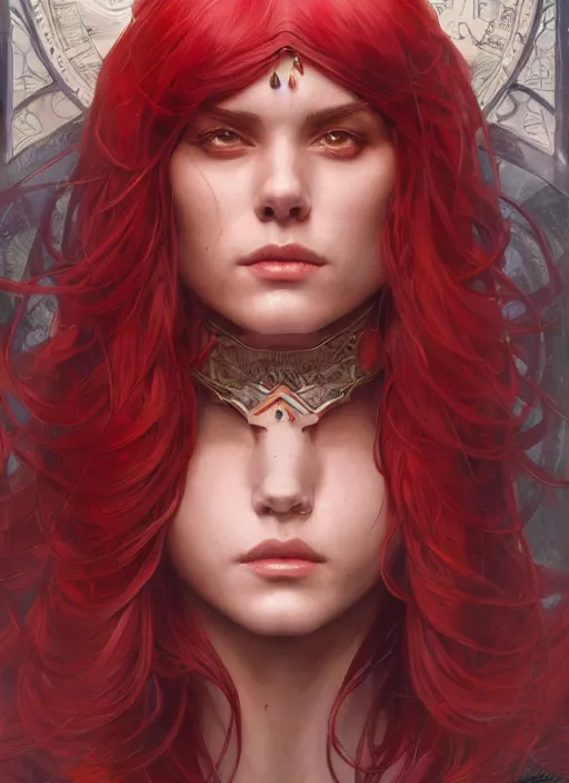 Image similar to symmetry!! red sonja, machine parts embedded into face, intricate, elegant, highly detailed, digital painting, artstation, concept art, smooth, sharp focus, illustration, art by artgerm and greg rutkowski and alphonse mucha, 8 k