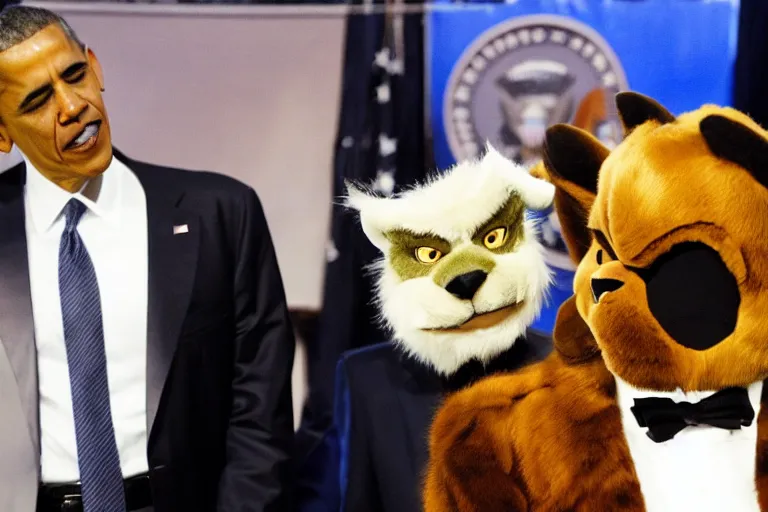 Prompt: “Barack Obama and Donald Trump fighting in fur suits at a furry convention, ultra realistic, highly detailed, award winning photo, ambient lighting”