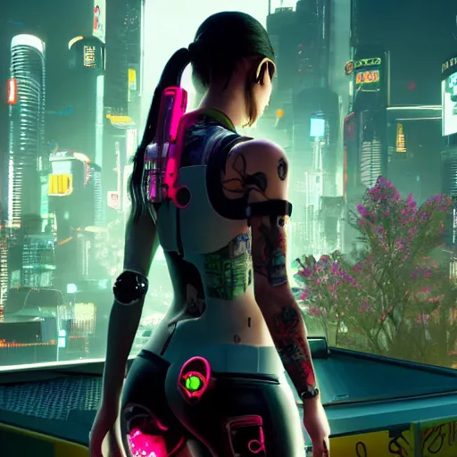 Prompt: Robot girl with long hair and tattoo style game CYBERPUNK 2077 , a very beautiful portrait, style DEUS EX: MANKIND DIVIDED, girl entwined with flowers, photorealism