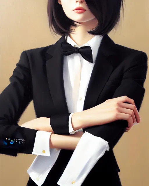 Image similar to a ultradetailed beautiful portrait panting of a stylish woman wearing a black loose fit suit with a tie, oil painting, by ilya kuvshinov, greg rutkowski and makoto shinkai, trending on artstation