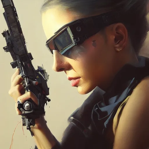 Prompt: female razorgirl with cybernetics, sunglasses, assassin, cyberpunk, dystopian future, chiaroscuro, high detail, painted by greg rutkowski, painted by igor kieryluk, trending on artstation