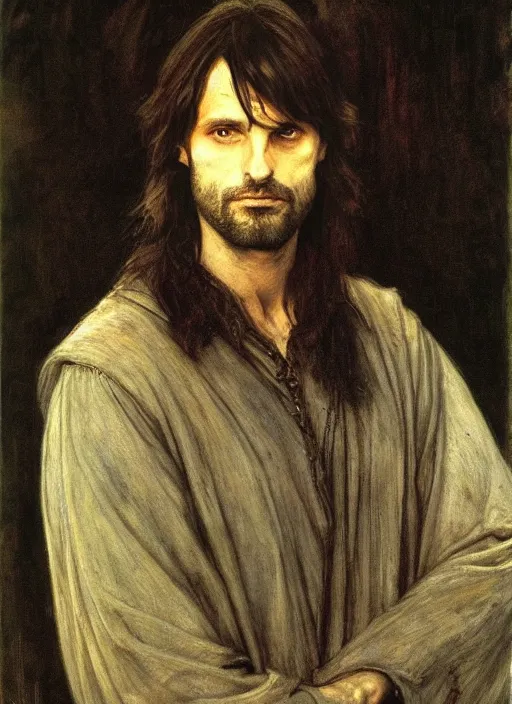 Image similar to a beautiful painting of aragorn by John Everett Millais and Dante Gabriel Rossetti and John Collier and john william waterhouse, pre-raphaelite, detailed, trending on artstation, hd, masterpiece