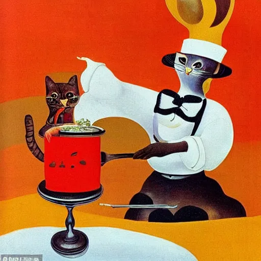 Image similar to anthropomorphic cat chef cooking a delicious colorful soup, by Salvador Dali