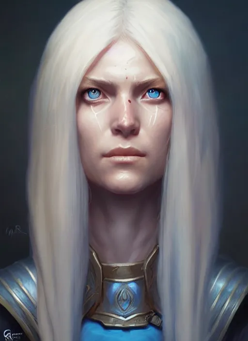 Image similar to a fantasy style portrait painting of shy white female paladin with blonde hair and blue eyes shy scarred left eye, holy oil painting unreal 5 daz. rpg portrait extremely detailed artgerm greg rutkowski _ greg