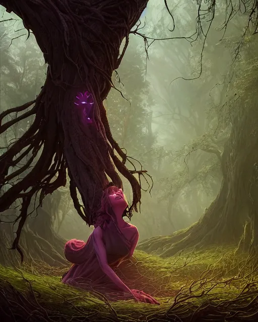 Image similar to highly detailed surreal vfx portrait of a cursed monster in a shadowy forest by a willow tree, stephen bliss, unreal engine, greg rutkowski, loish, rhads, beeple, makoto shinkai and lois van baarle, ilya kuvshinov, rossdraws, tom bagshaw, alphonse mucha, global illumination, detailed and intricate environment