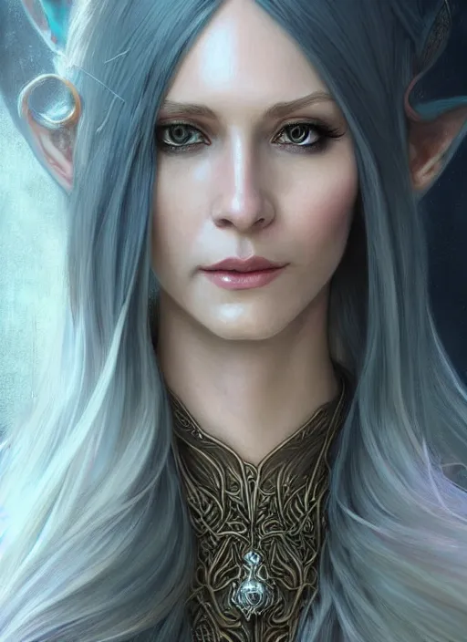 Prompt: portrait of a beautiful female elven mage, looking at camera, D&D, leather dress, long platinum hair, intricate, elegant, stylish, cute smile, fantasy, extremely detailed, digital painting, artstation, concept art, smooth, sharp focus, illustration, ambient lighting, incredible art by artgerm and greg rutkowski and alphonse mucha and simon stalenhag