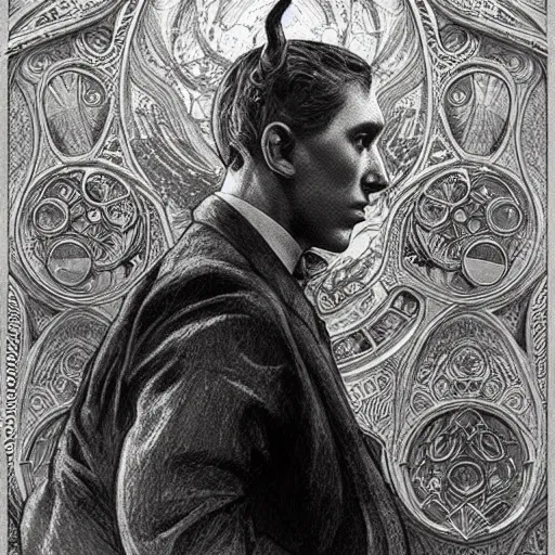 Image similar to amazing lifelike award winning pencil illustration of h. p. lovecraft trending on art station artgerm greg rutkowski alphonse mucha cinematic