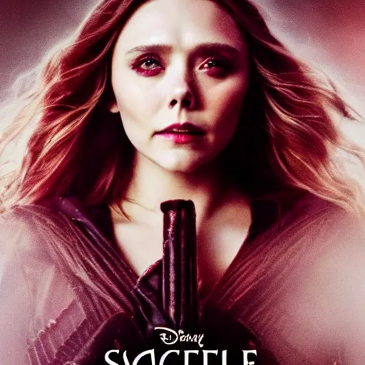 Prompt: movie poster'the scarlet witch'starring elizabeth olsen [ wearing heavily dark emo makeup ]!!, 4 k quality, pinterest movie cover, trending on unsplash