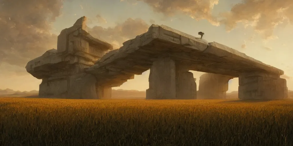 Image similar to wide shot of a monolithic structure suspended in the air high above a cornfield, late afternoon, golden hour, highly detailed, smooth, sharp focus, concept art by greg rutkowski and ruan jia