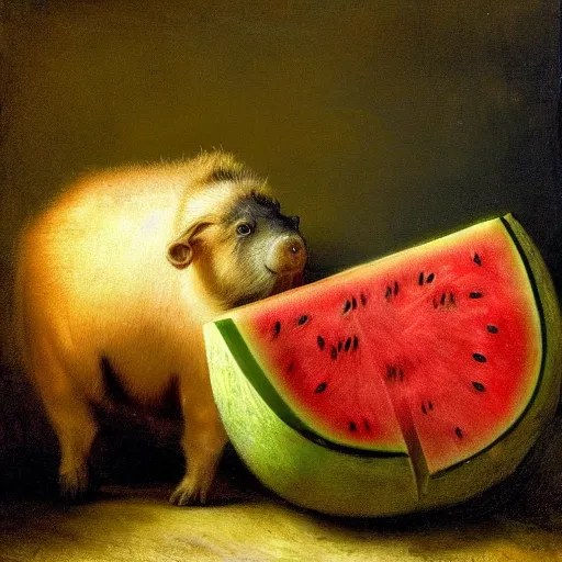 Prompt: rembrandt painting of a capybara and a watermelon