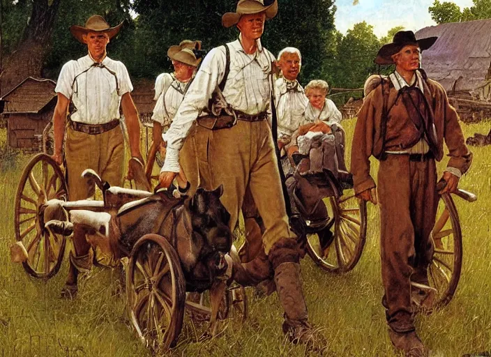 Image similar to mormon pioneers by norman rockwell, highly detailed