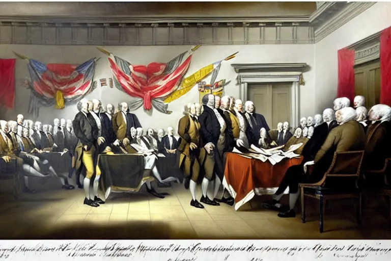 Image similar to john trumbull's famous painting of vampires at the signing of the declaration of independence. the vampires are taller and wear black capes and no wigs. on the wall there is a flag from transylvania