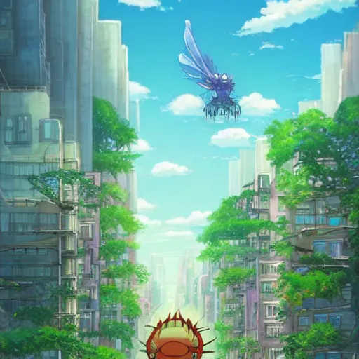 Image similar to a beautiful movie still in the style of Studio Ghibli anime showing a giant alien creature flying through a post-apocalyptic New York City overrun with vegetation. Studio Ghibli, trending on artstation, trending on behance