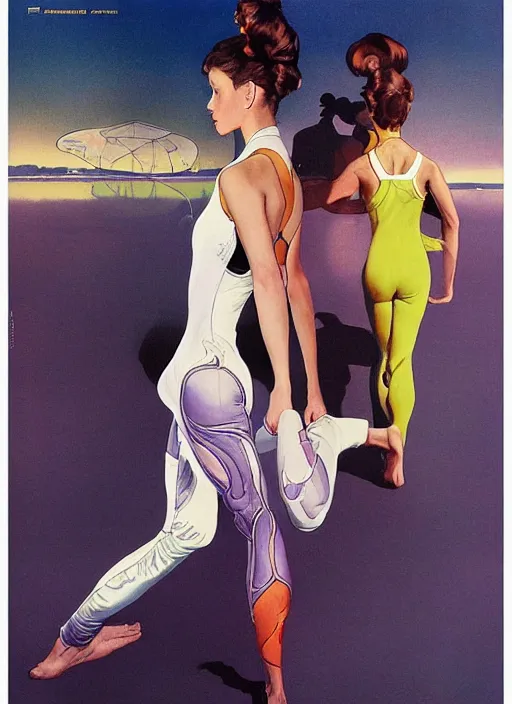 Prompt: an art nouveau copic maker poster of a girl wearing yoga clothing designed by balenciaga by john berkey and norman rockwell