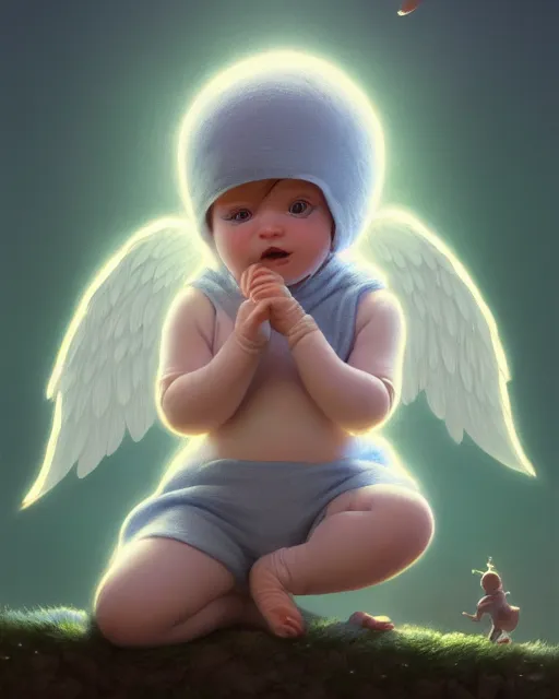 Image similar to highly detailed vfx portrait of a baby cherub angel character wearing a balaclava, stephen bliss, unrealengine, greg rutkowski, loish, rhads, beeple, makoto shinkai and lois van baarle, ilya kuvshinov, rossdraws, tom bagshaw,