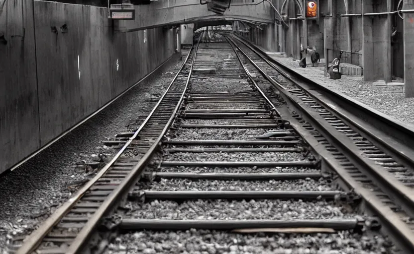 Prompt: giant mutant antropomorphic rat sitting on railways of tonnel of moscow subway. extreme high detail. photo by russos. dark and fear atmosphere.