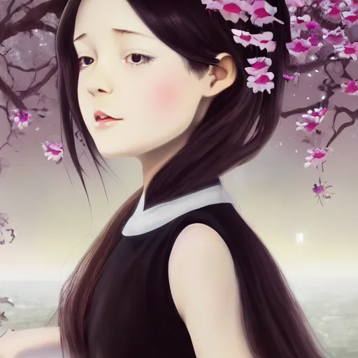 Image similar to little girl with her long black hair dressed in a simple white dress putting flowers on hair, anime art style, digital artwork made by ilya kuvshinov, inspired in balthus, hd, 4 k, hyper detailed