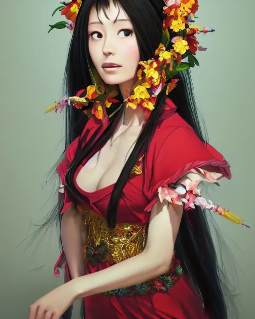 Image similar to studio photo portrait of Misato Katsuragi from Neon Genesis Evangelion wearing floral garlands over her traditional dress. full height portrait of Misato as a slavic pagan priestess wearing traditional pagan dress adorned with golden tiara, concept art by Greg Rutkowski and James Dean and Ross Tran, ultrarealistic octane render, 8k, rtx on, trending on ArtStation