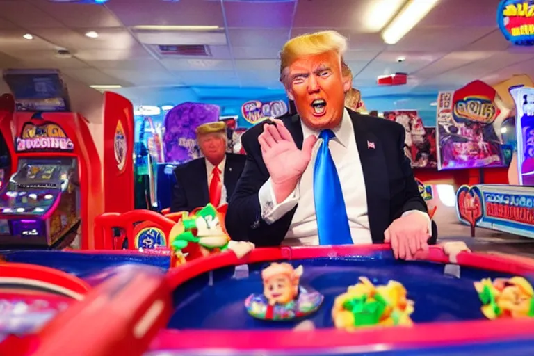 Prompt: donald trump at chuck e cheese