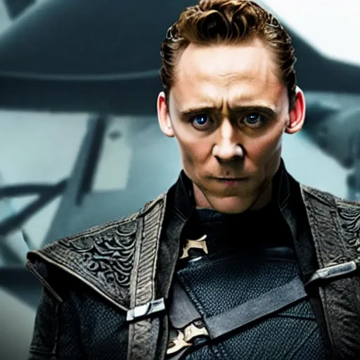 Prompt: film still of Tom Hiddleston as Nick Fury with leather patch over one eye in Avengers