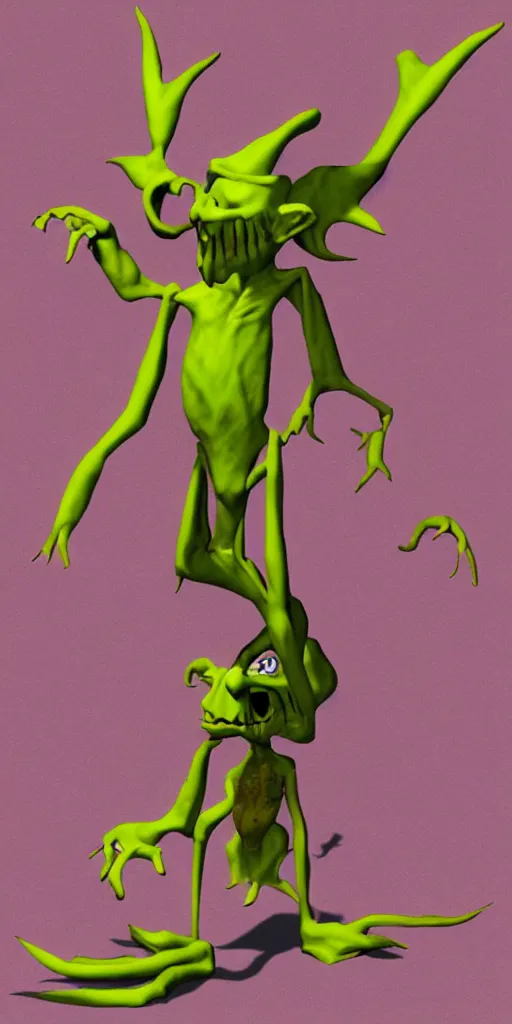 Prompt: malice yellow goblin doll in a street animation psx rendered early 90s net art n64 3d 2001