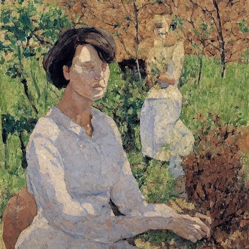 Image similar to a painted portrait of a women outdoors paused in thought, art by felice casorati, aesthetically pleasing and harmonious natural colors, expressionism, fine day, portrait