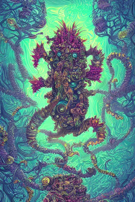 Image similar to creature sushi roots cactus elemental flush of force nature micro world fluo light deepdream a wild amazing steampunk baroque ancient alien creature, intricate detail, colorful digital painting that looks like it is from borderlands and by feng zhu and loish and laurie greasley, victo ngai, andreas rocha, john harris