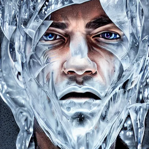 Image similar to man portrait made out of ice, beautiful, cyborg, comic book art, highly detailed