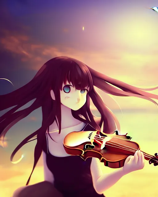 Image similar to teen, cute, melancholy, full body, cat girl, white skin, golden long wavy hair, holding a violin and playing a song, stunning art style, filters applied, lunar time, night sky, trending art, sharp focus, centered, landscape shot, fate zero, simple background, studio ghibly makoto shinkai yuji yamaguchi, by wlop