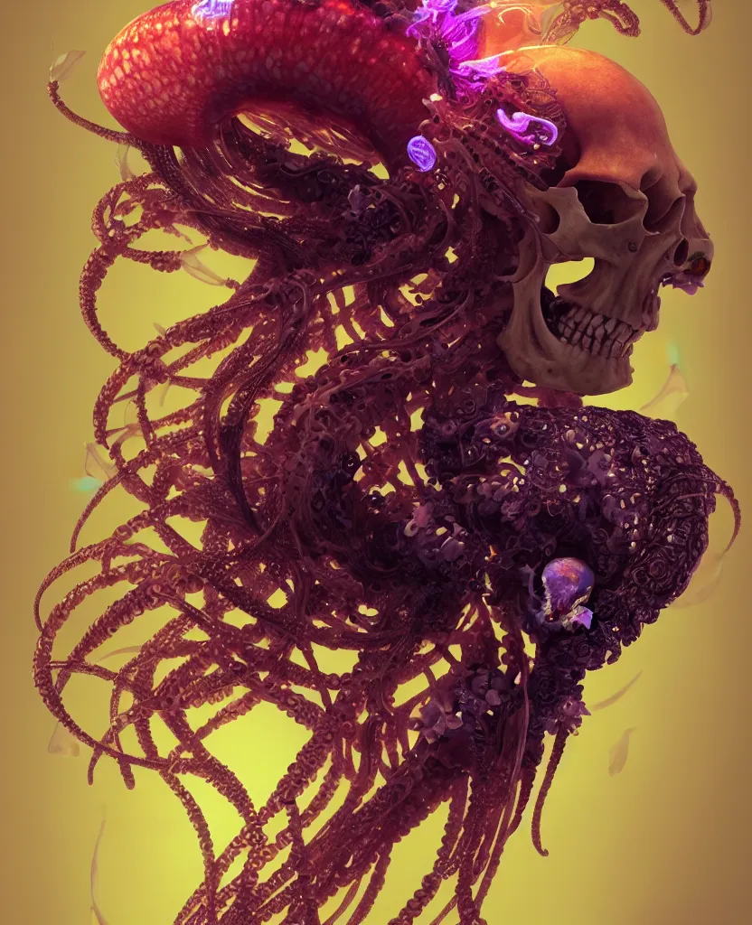 Image similar to goddess close-up portrait animal skull. jellyfish phoenix head, nautilus, orchid, skull, betta fish, bioluminiscent creatures, intricate artwork by Tooth Wu and wlop and beeple. octane render, trending on artstation, greg rutkowski very coherent symmetrical artwork. cinematic, hyper realism, high detail, octane render, 8k