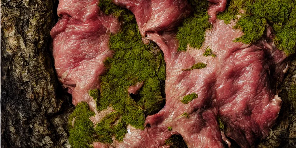 Prompt: details of moss growing on flesh and skin, meat, brittle texture details, painitng, wrinkles and muscle tissues, stab wound, oil on canvas, 4k, 8K, photorealistic, soft light, cinematic lighting, sharp, contrasting, dramatic light