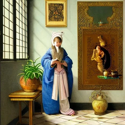 Image similar to a highly detailed fantasy pastel oil painting of a young wizard in ornate clothing lounging on a purpur pillow on the marble floor in front of her bookcase, studying an ancient tome. to the side is a potted plant and some blue candles. ancient oriental fantasy setting. in the style vermeer and mark tedin