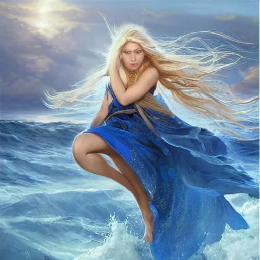 Prompt: beautiful portrait of a mystical blonde haired goddess of the sea wearing long blue gold water robes rising up from the deep blue waves, oil painting by Greg Rutkowski and Charlie Bowater and Artgerm, unreal 5, DAZ, RPG Portrait, trending on artstation, dynamic lighting, misty, ocean, blue theme, afternoon light