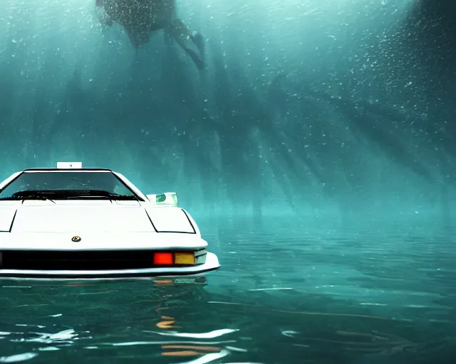 Image similar to white lotus esprit submerged under water, cinematic, photoreal, by red dead redemption 2