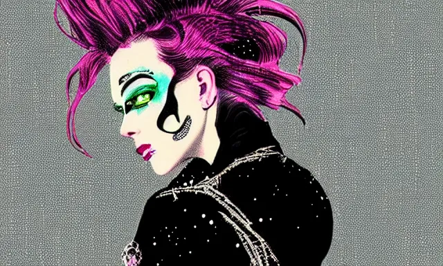 Prompt: portrait of a very very very beautiful, aesthetic cyberpunk woman smiling with glowing eyes, punk makeup, extremely stylish punk hair, late evening at the ocean, minimal, vintage 1 8 9 0 s illustration