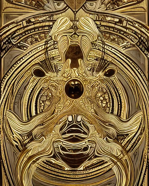 Image similar to symmetry, white marble bas relief sculpture with gold kintsugi, abstract patterns, feminine shapes, crabs, spiders, scorpions, tarantulas, stunning, highly detailed, intricately detailed, art nuevo, octane, 8 k, hdr, art by hr geiger and ridley scott and alphonse mucha, trending on artstation