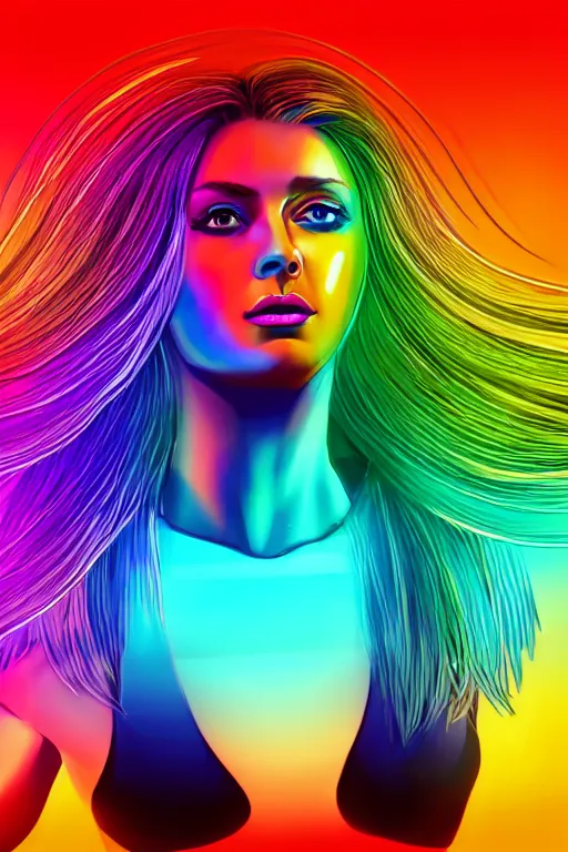 Image similar to a award winning half body portrait of a beautiful woman with stunning eyes in a croptop and cargo pants with rainbow colored ombre hairstyle head in motion and hair flying by thomas danthony, surrounded by whirling illuminated neon lines, outrun, vaporware, shaded flat illustration, digital art, trending on artstation, highly detailed, fine detail, intricate