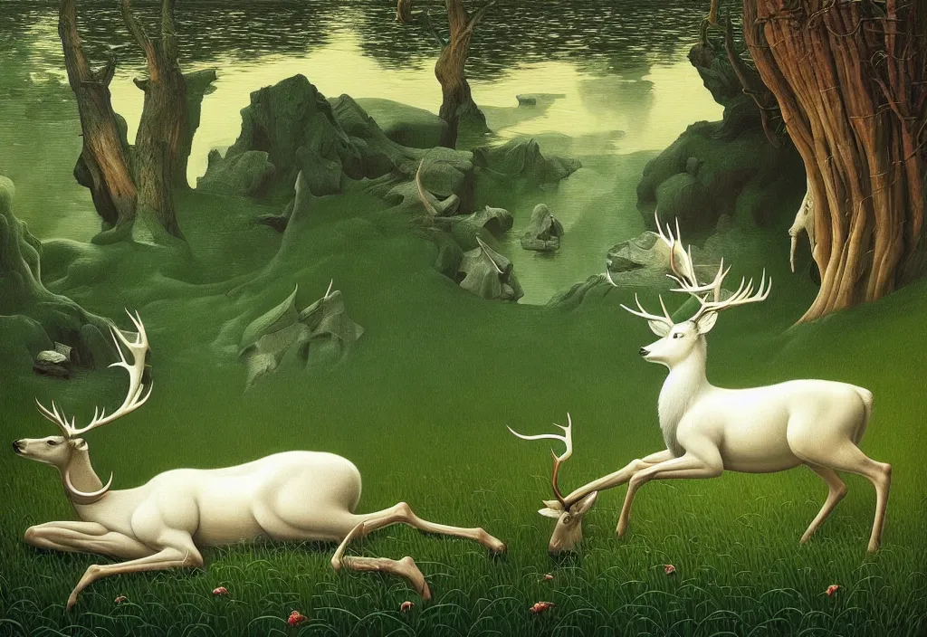 Image similar to hyper detailed 3d render like a Oil painting - white stag drinking from a small pool in a peaceful lush meadow, by Jacek Yerka, Mariusz Lewandowski, Houdini algorithmic generative render, Abstract brush strokes, Masterpiece, Edward Hopper and James Gilleard, Zdzislaw Beksinski, Mark Ryden, Wolfgang Lettl, hints of Yayoi Kasuma, octane render, 8k