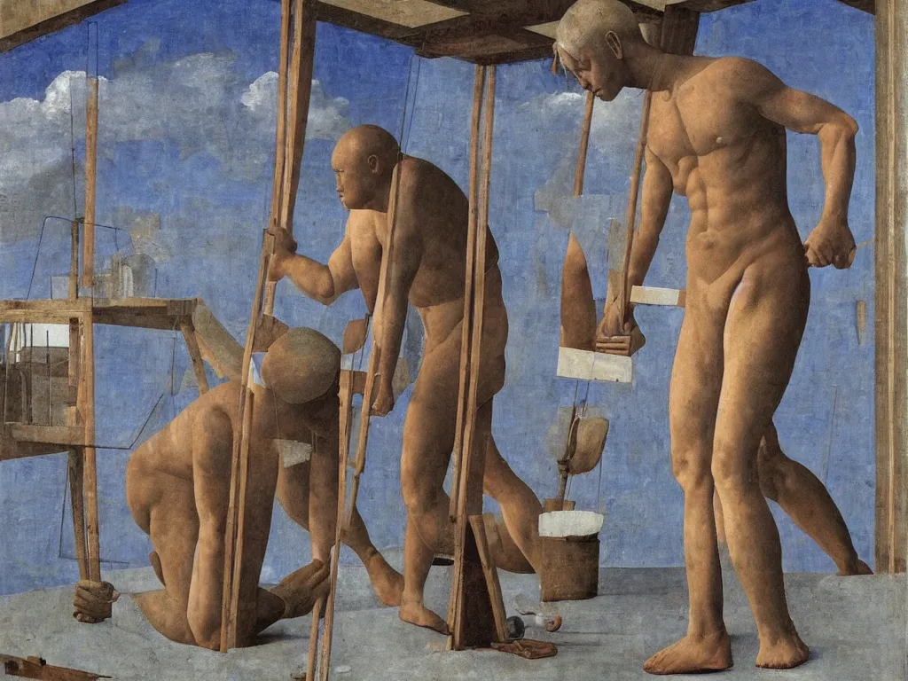 Image similar to The muscular worker renovating a house. Painting by Alex Colville, Piero della Francesca, Max Ernst.