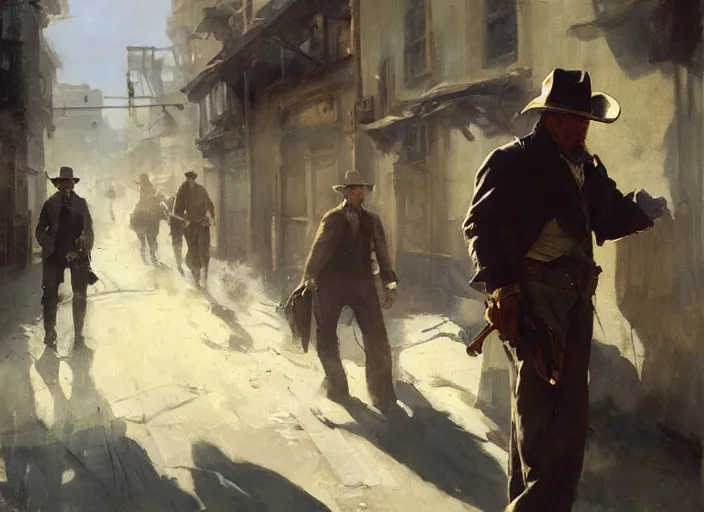 Image similar to oil painting of old rugged cowboy in wild west street, shooting revolver, shoot gun, gun smoke, art by anders zorn, wonderful masterpiece by greg rutkowski, beautiful cinematic light, american romanticism by greg manchess, reflections in copper, sunlight, dust and steam