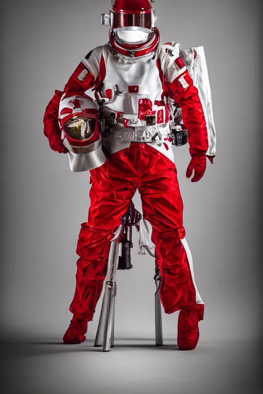 Image similar to photography of red and white space suits designed for knights templar, tubings, helmet with intricate design, golden linings, photo shoot, by annie leibovitz, sigma 85mm 1.4, glows, sharp, high contrast, octane render