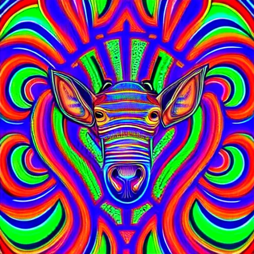 Image similar to a mule in the style of alex grey, highly detailed, psychedelic, colorful, 8 k